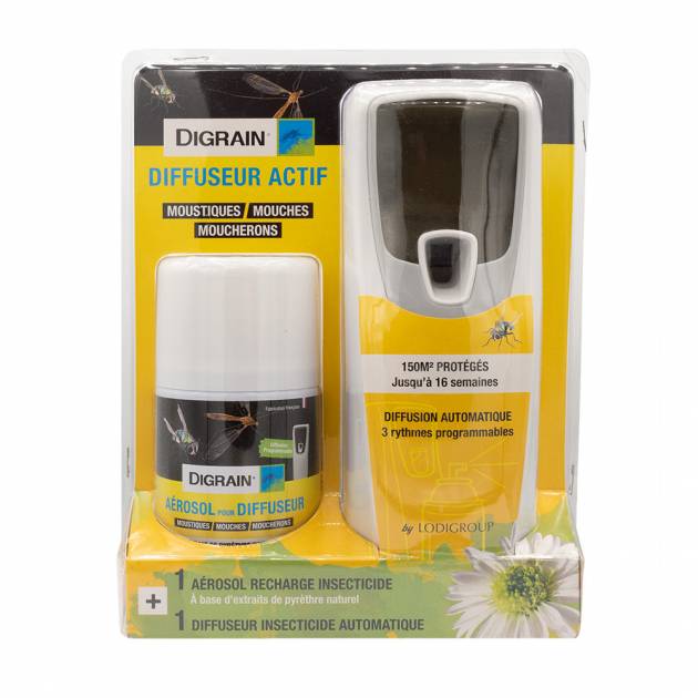 Le pack comprend le diffuseur avec sa recharge. Caractéristiques techniques : Le pack DIGRAIN Aérosol pour Diffuseur et Diffuseur Actif est un appareil performant qui permet de garantir une protection contre les mouches, moustiques et moucherons, pendant 16 semaines, pour une pièce jusqu’à 150m². Ce dispositif permet une utilisation adaptable aux besoins de l’utilisateur : - Choix de l’intervalle de diffusion (toutes les 7min30, 15min, 30min), - Sélection de l’amplitude de diffusion (24h/24, en présence de lumière, dans l’obscurité) - Présence de LED confirmant le bon fonctionnement de l’appareil. Mode d'emploi : le pack DIGRAIN Aérosol pour Diffuseur et Diffuseur Actif fonctionne avec deux piles fournies dans l’emballage. - Ouvrir le boitier du diffuseur. - Vérifier que l’appareil est éteint (commutateur en position « Off »). - Mettre en place les piles. - Positionner le commutateur sur « Test » puis régler la fréquence ainsi que l’amplitude de fonctionnement.